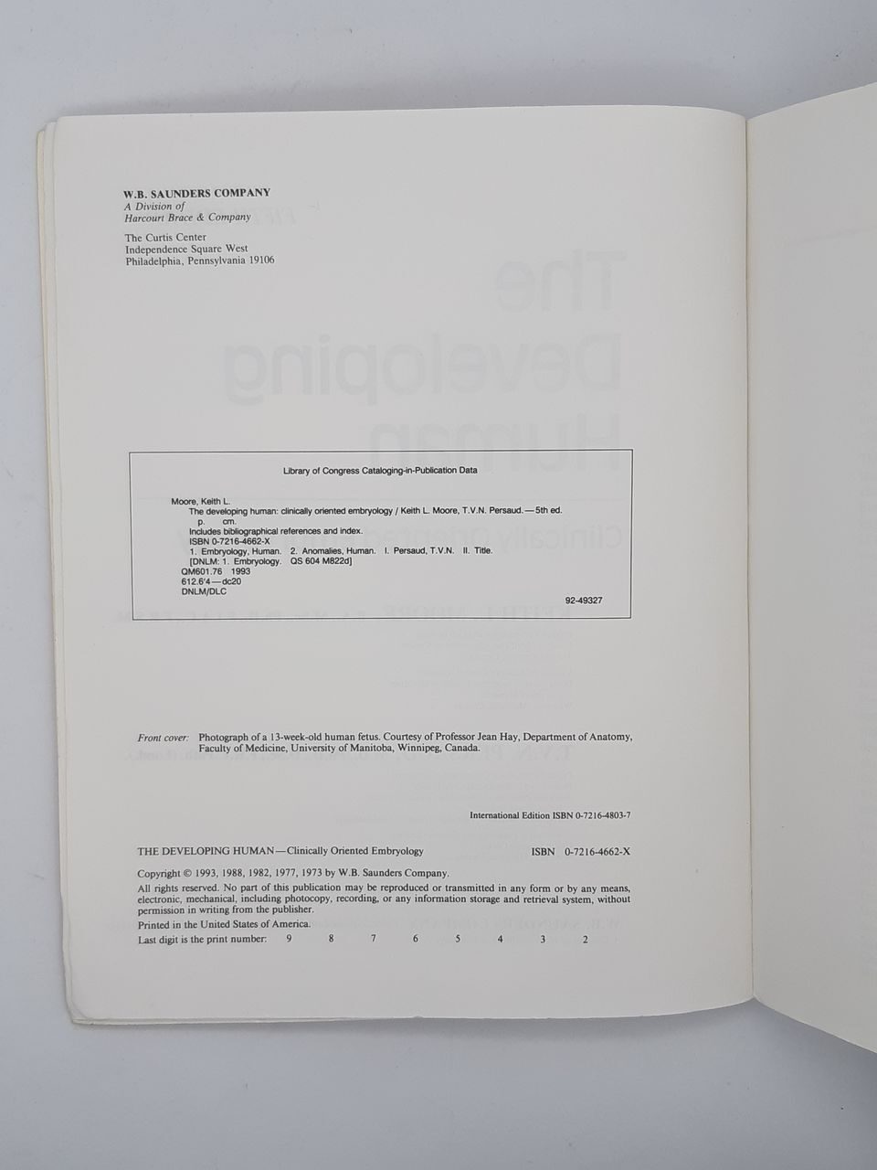 4P86 The Developing human. Clinically oriented Embriology. Moore and Persaud, 1993 год, USA